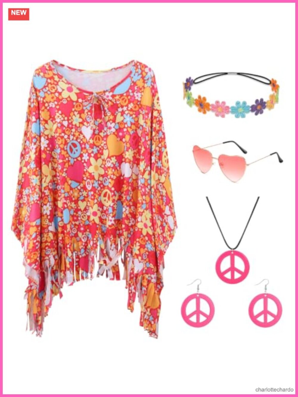 Hippie Costume Set Tie Dye Fringe Top Headband Sunglasses 60s 70s